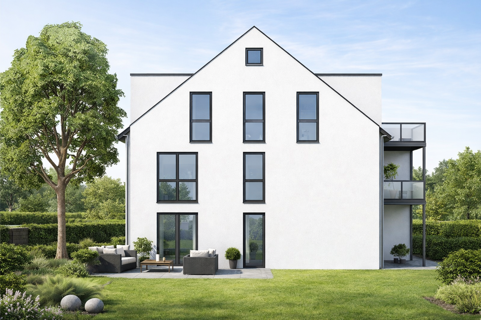 KfW40 Neubau Wohnungen Degersen Rueckansicht Garten Balkon